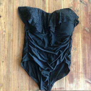 Merona Black Strapless Laser Cut Ruffle Swimsuit